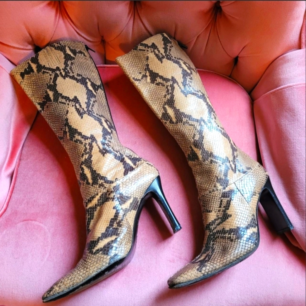 Vintage Leather and Snake Print Knee Boots